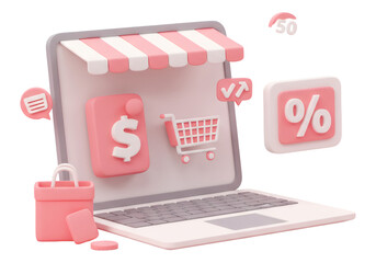 ピンクのオンラインショッピングストアの3Dレンダリングと透明な背景を持つラップトップ