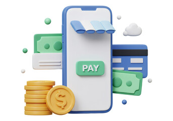 透明な背景上のコイン 紙幣 クレジット カード付きの携帯電話での3Dオンライン支払い