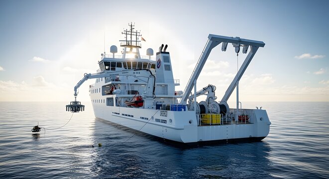 Research vessel deploying oceanographic equipment at sunrise.