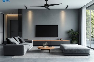 Grey sofa positioned against a TV unit in a Scandinavian home interior, featuring a modern living room design with a ceiling fan lamp that complements the clean lines and bright, Generative AI