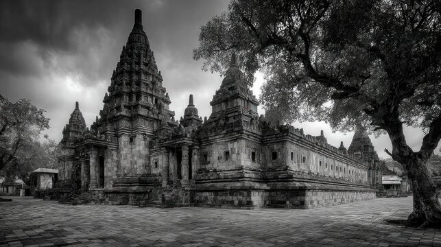 Majestic Prambanan Temple Complex in Monochrome, Yogyakarta, Indonesia