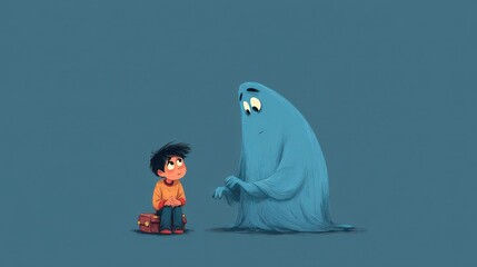 Child and creature in a thoughtful scene.