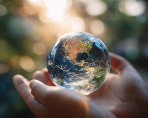 International day for ozone layer protection artwork. Crystal Sphere Reflecting Earth Landscape in Human Hands