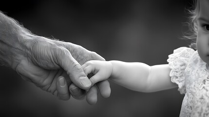 Black and white close-up: Adult hand gripping baby's small hand, adult hand with wrinkles showing age, baby's hand smooth and plump, partial baby's face and lace clothing on right, dark background hig