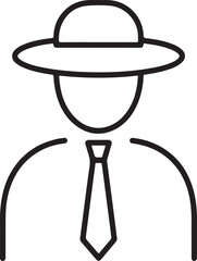Simple line art icon of a person wearing a hat and tie