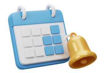 青と白のカレンダーと金のベルの3Dレンダリングアイコン通知スケジュールリマインダーとタスク