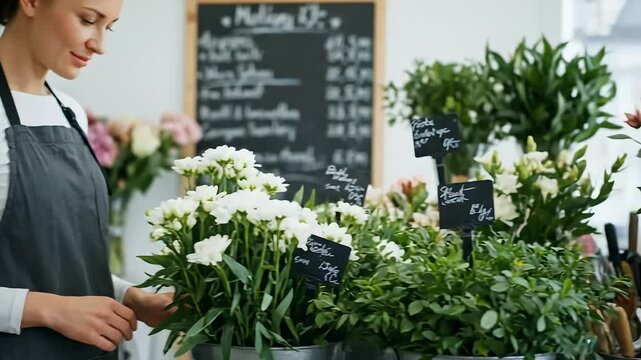 Florist Arranging White Flowers in Shop Crafting Floral Display.