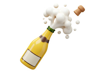 お祝いシャンパンボトルが飛び出し泡がはじける様子３Dレンダリング透明背景