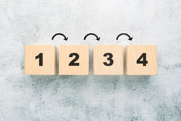 Wooden number blocks 1 2 3 4 with arrows on textured background