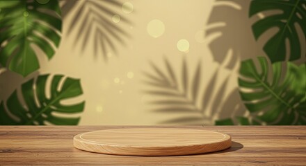 Obraz premium Wooden product display podium with tropical monstera leaves and shadows on a warm background.