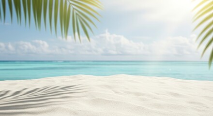 Fototapeta premium Empty white sand beach with palm leaf shadow and blurry tropical sea background for product display.