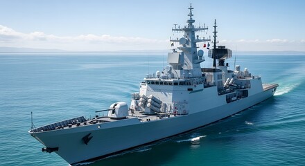 A modern naval warship, a powerful destroyer, cruises through calm blue ocean waters under a clear sky, showcasing its advanced military technology and imposing structure.