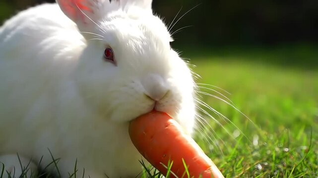 Adorable White Rabbit Munching on a Carrot in the Green Grass