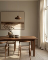 Scandinavian home interior design highlighting a modern dining room, emphasizing clean lines, natural light, and simple elegance in the dining space for a warm, inviting atmosphere, Generative AI