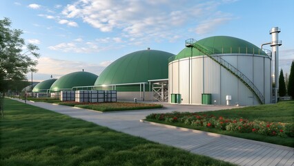 Naklejka premium A Biogas Plant turns organic waste into clean energy and fertilizer through anaerobic digestion, offering a sustainable and eco-friendly solution for waste management and energy production