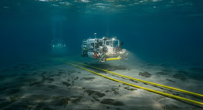 Underwater Remotely Operated Vehicle Inspecting Yellow Submarine Cables in Ocean Environment