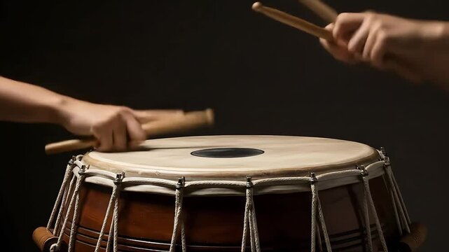The rhythmic beat of a traditional Punjabi dhol drum comes to life as hands strike the surface with sticks in a powerful musical performance.