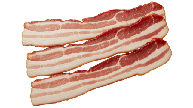 Savor the deliciousness of perfectly sliced raw bacon strips, ready for your next culinary creation.