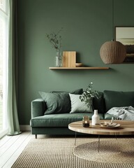 Grey sofa against a green wall with a floating shelf, designed to create a serene and contemporary atmosphere in a Scandinavian-inspired living room, emphasizing minimalist furniture, Generative AI