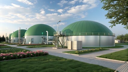 Obraz premium A Biogas Plant turns organic waste into clean energy and fertilizer through anaerobic digestion, offering a sustainable and eco-friendly solution for waste management and energy production