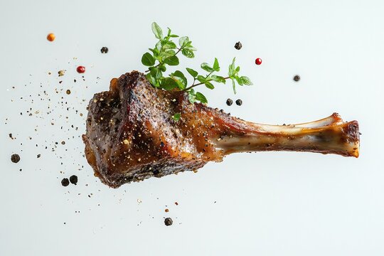A tender lamb shank floating against a white background, with sprigs of mint and seasoning falling around it