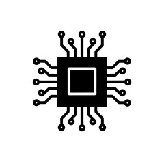 silver microchip icon with glowing blue circuits on transparent background