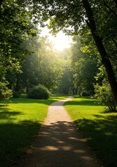 Obraz premium Sunlit Green Park Pathway Surrounded by Trees and Lush Foliage in Bright Natural Setting