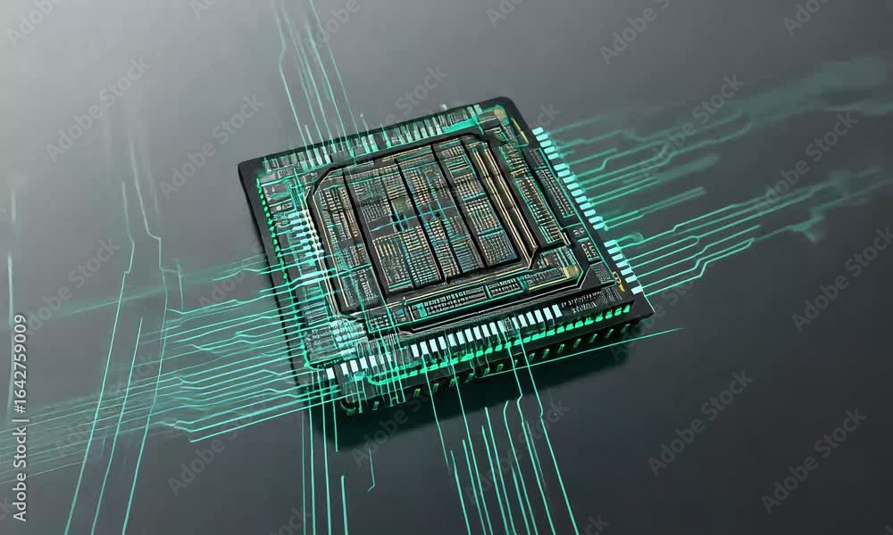 Poster close up of a microchip with glowing green accents and circuit board patterns on a dark background