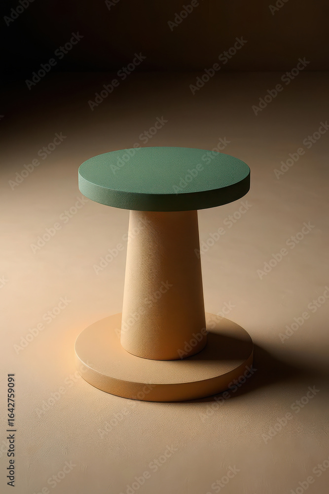 Poster a minimalist modern design side table with a round green top and a beige pedestal base, presented in