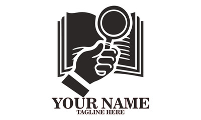 vector illustration of a hand holding a magnifying glass over an open book and logo design