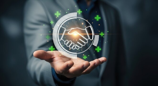 Business professional presenting a digital handshake icon symbolizing partnership and collaboration in technology