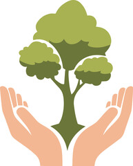 Human hands holding a tree, a concept of ecology