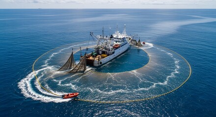 Large fishing vessel deploying a massive fishing net in the open ocean.