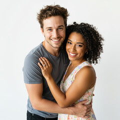 Couple Smiling And Hugging, Casual Clothes, Standing Pose On White Background
