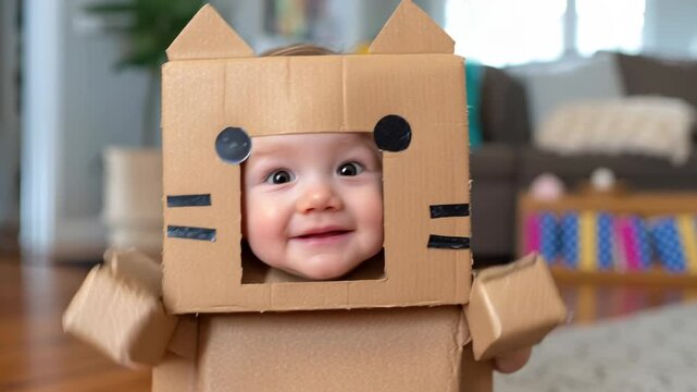 A playful child in a cardboard cat costume smiles brightly at the camera.