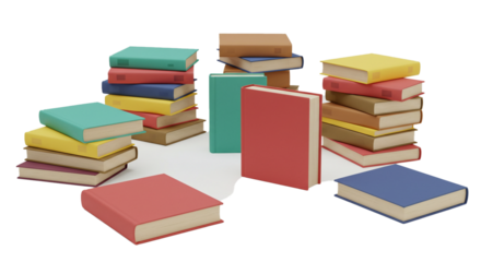 An array of brightly colored books, some neatly stacked and others standing upright, creating a visually appealing display of literature and learning.