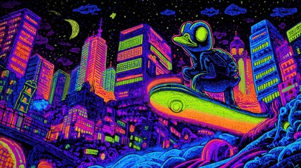 Obraz premium Vibrant neon cityscape with a duck skateboarding.
