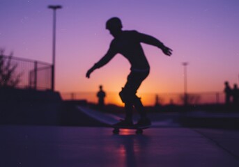Silhouette of a skateboarder performing a trick at sunset in a skatepark.
