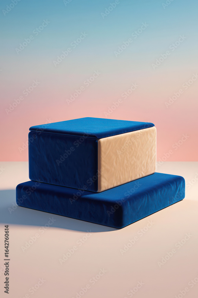 Poster a minimalist composition of two stacked blocks, one blue on top of a beige block, against a soft, gr