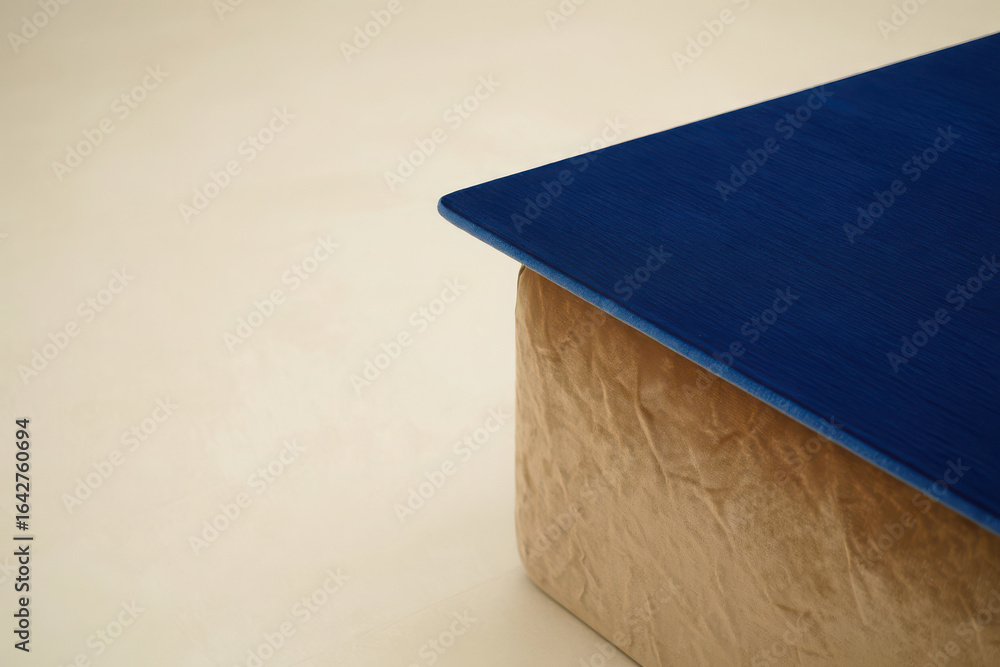Poster abstract minimalist studio composition with a brown textured block topped by a dark blue geometric s