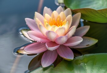 Delicate pink water lily with dewdrops on its petals floating on water