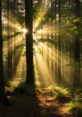Fototapeta premium Sunlit Green Forest with Rays of Light Filtering Through Tall Trees in Natural Environment