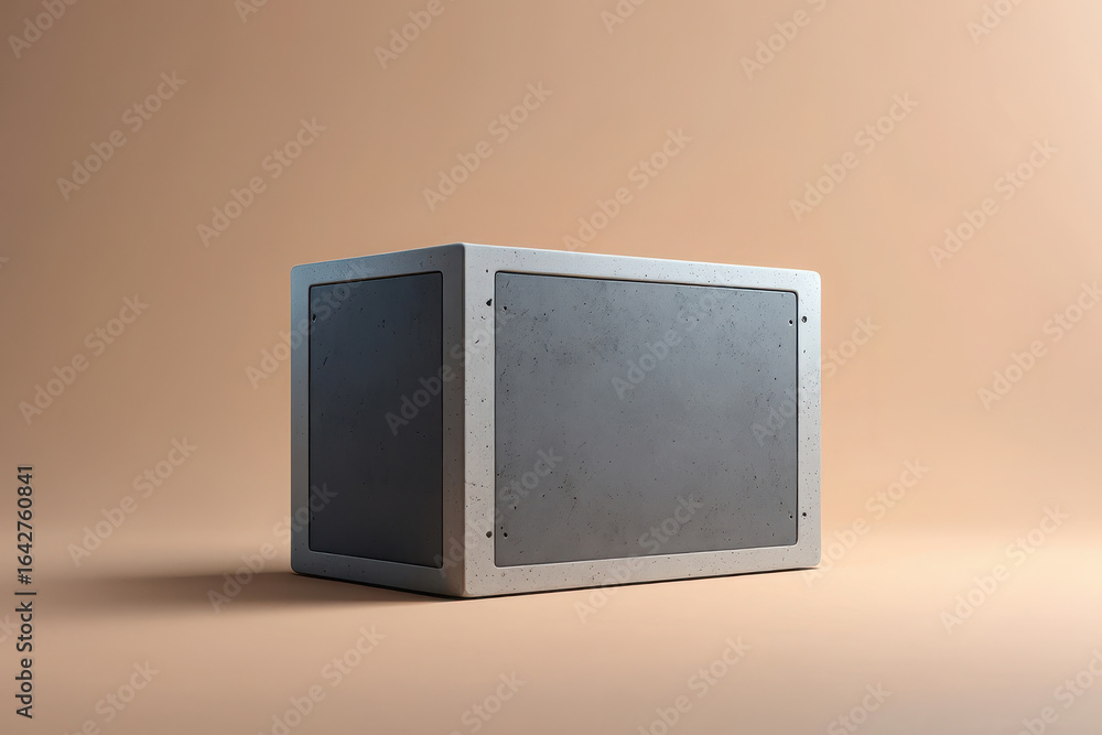 Poster a minimalist geometric cubeshaped container with metal edges and dark panels sits on a plain beige b