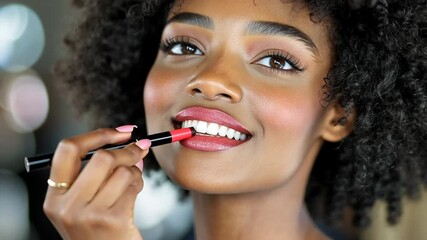 Dark skinned woman with curly hair applies lipstick with brush in for beauty blogs cosmetics advertising lifestyle content concept