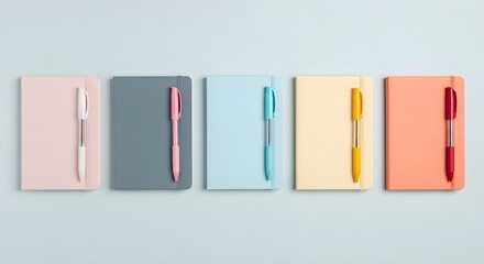 Colorful notebooks with matching pens on light blue background