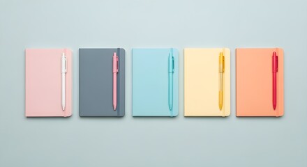 Colorful notebooks and pens on blue background