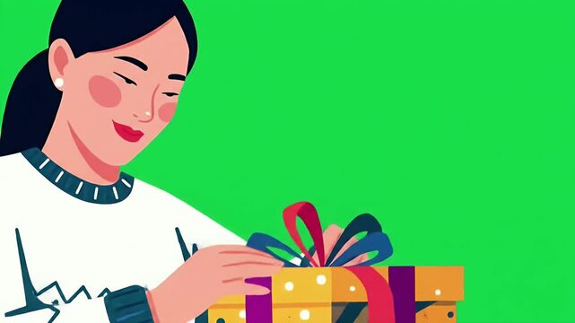 Animated Woman Unwrapping a Present on Green Screen, Ideal for Holiday Promotions and Celebratory Videos. Expressing the joy of gifting and