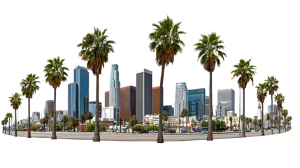 Cityscape under the Palms: An impressive collection of modern skyscrapers, interspersed with graceful palm trees, creates a harmonious blend of nature and urban life.