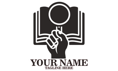 vector illustration of a hand holding a magnifying glass over an open book and logo design