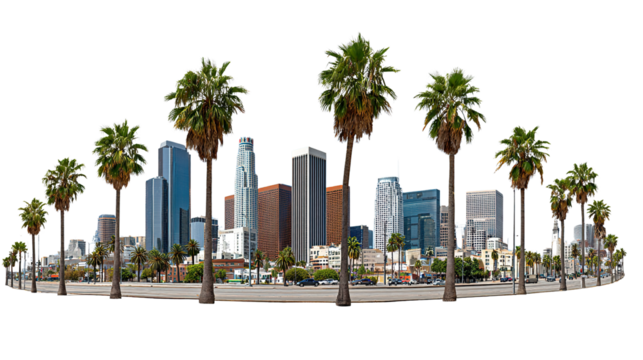 Cityscape under the Palms: An impressive collection of modern skyscrapers, interspersed with graceful palm trees, creates a harmonious blend of nature and urban life.